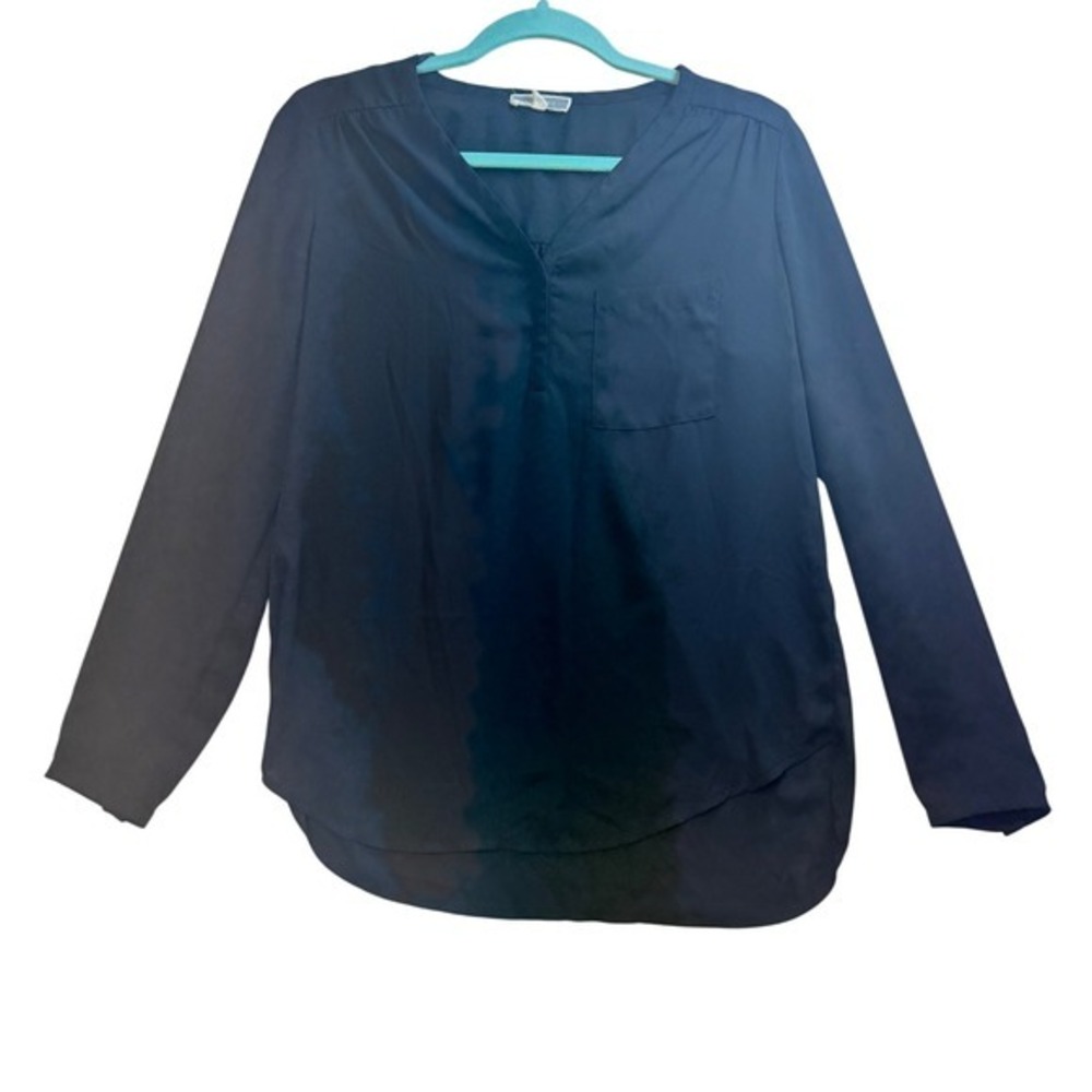 Pleione Black Blouse Long Sleeve Pocket V Neck Casual Top Size S Classic